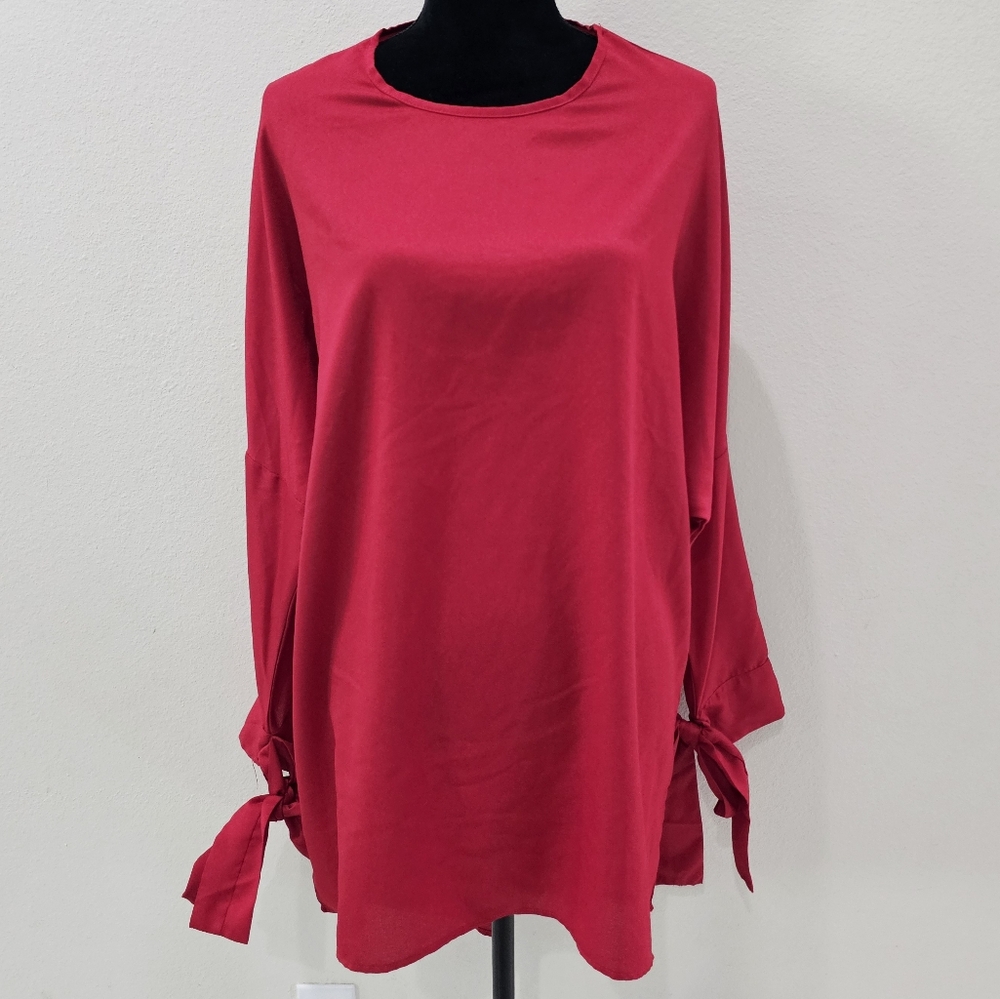 Red Oversized Tunic Mini Dress With Bow Sleeves